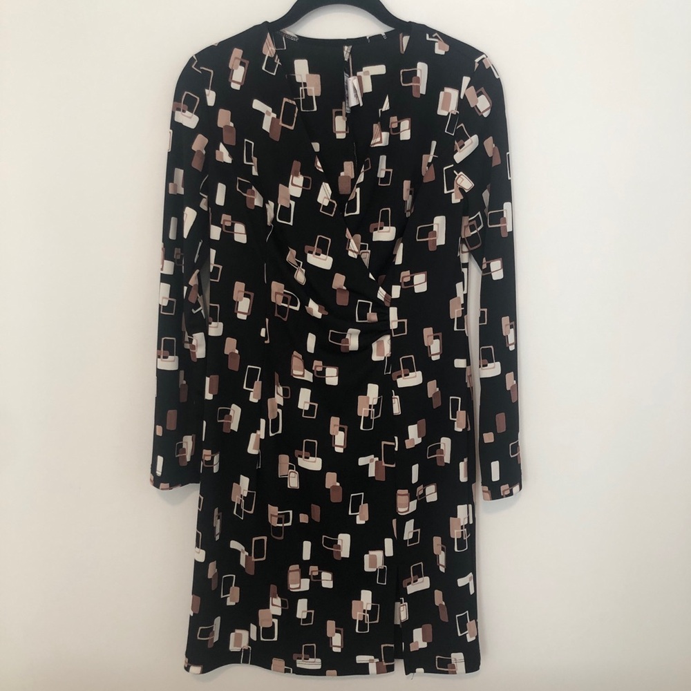 Vintage 90s V Neck Long Sleeve Mock Wrap Dress